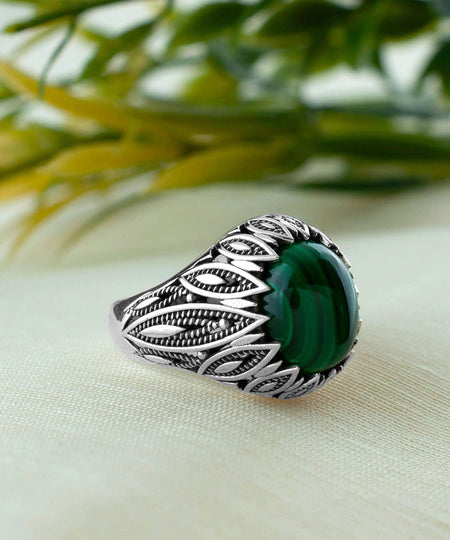 Filigree Art Malachite Gemstone Women Silver Statement Ring - Drakoi Marketplace