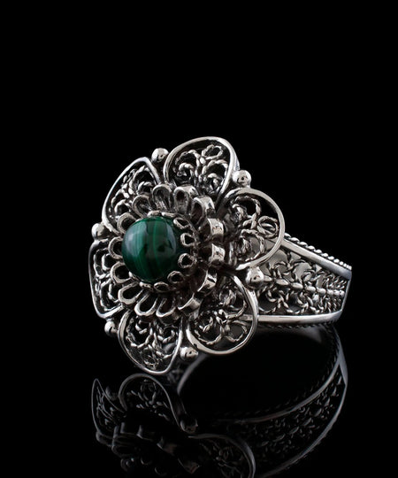 Filigree Art Malachite Gemstone Women Silver Statement Ring - Drakoi Marketplace