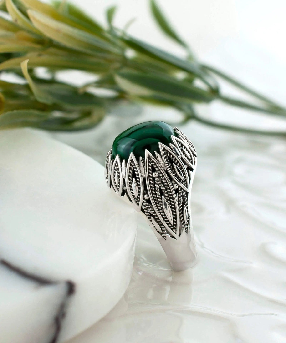 Filigree Art Malachite Gemstone Women Silver Statement Ring - Drakoi Marketplace