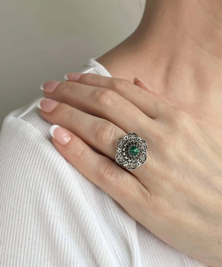 Filigree Art Malachite Gemstone Women Silver Statement Ring - Drakoi Marketplace