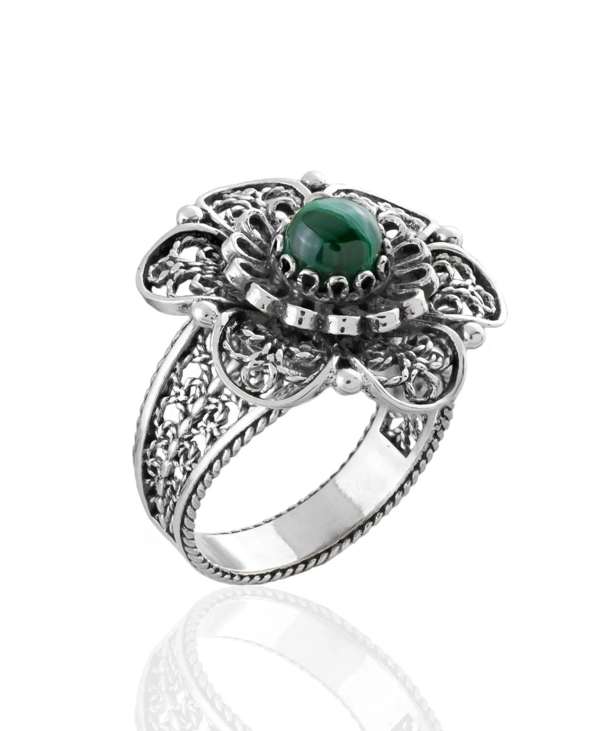 Filigree Art Malachite Gemstone Women Silver Statement Ring - Drakoi Marketplace