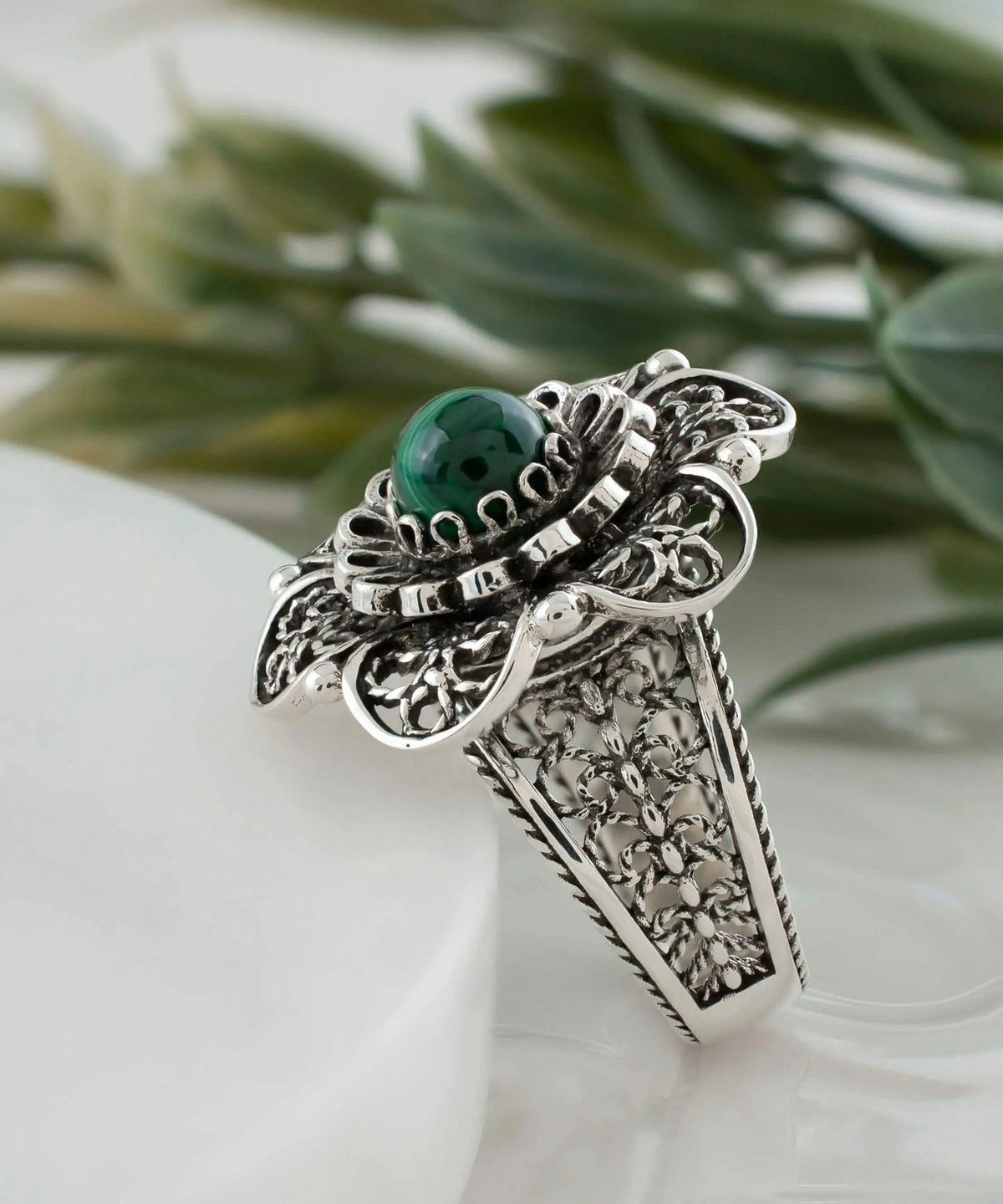 Filigree Art Malachite Gemstone Women Silver Statement Ring - Drakoi Marketplace