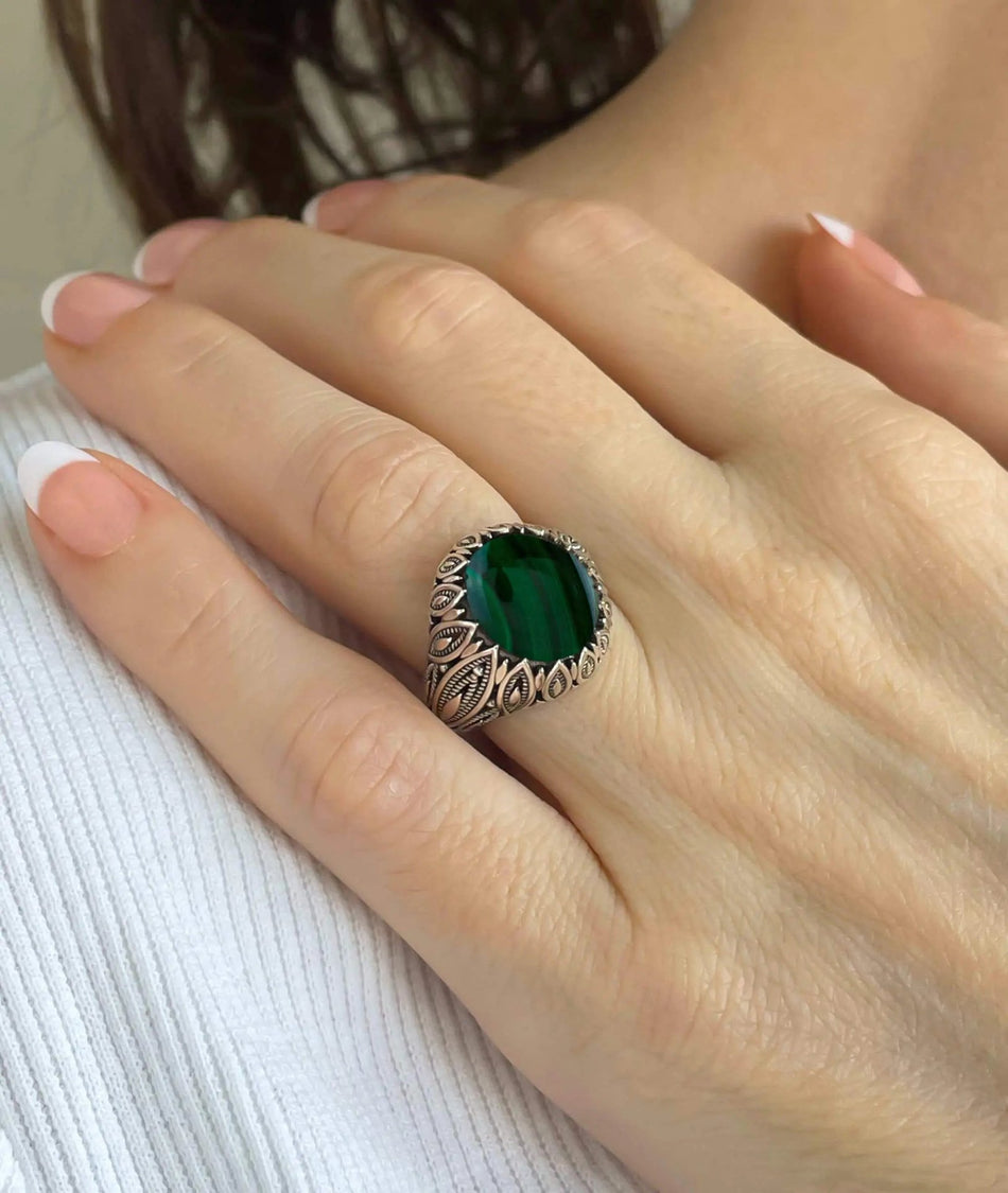 Filigree Art Malachite Gemstone Women Silver Statement Ring - Drakoi Marketplace