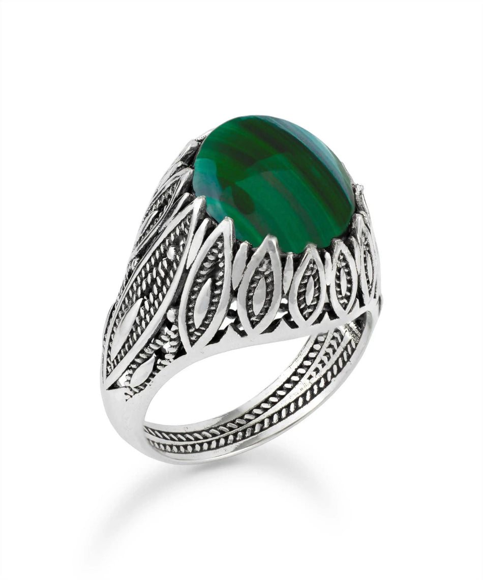 Filigree Art Malachite Gemstone Women Silver Statement Ring - Drakoi Marketplace