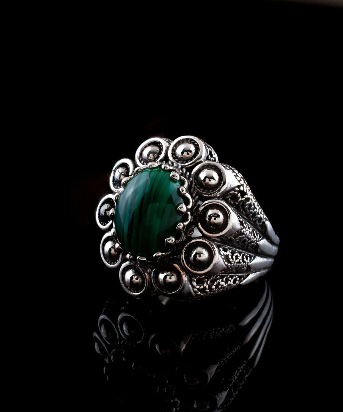 Filigree Art Malachite Gemstone Women Statement Dome Ring - Drakoi Marketplace