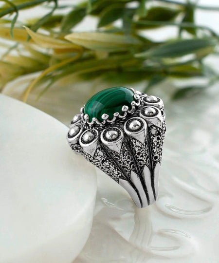 Filigree Art Malachite Gemstone Women Statement Dome Ring - Drakoi Marketplace