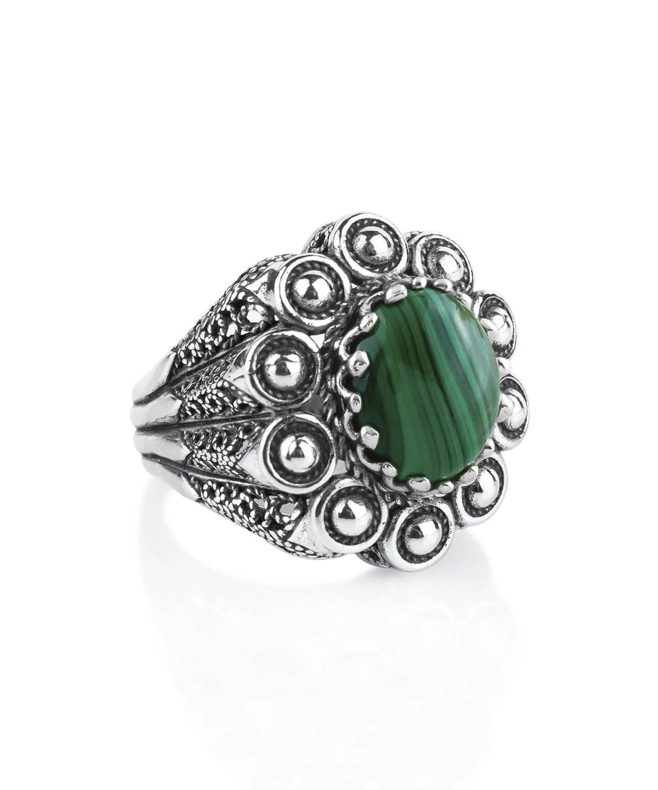 Filigree Art Malachite Gemstone Women Statement Dome Ring - Drakoi Marketplace