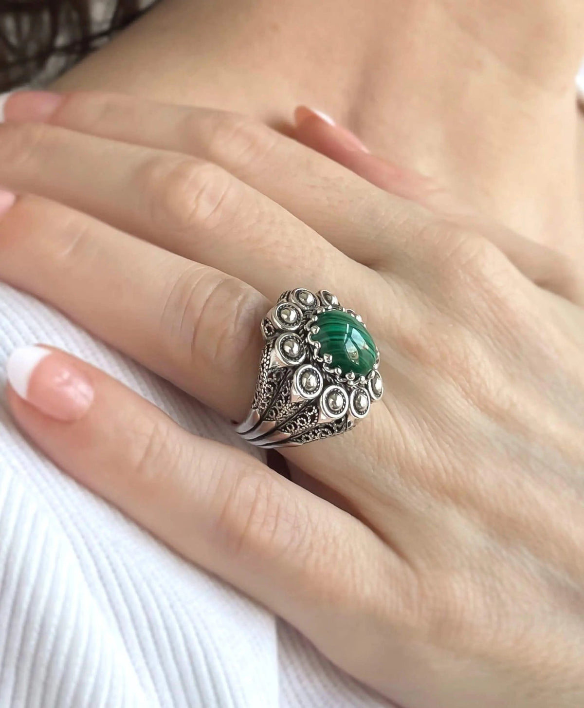 Filigree Art Malachite Gemstone Women Statement Dome Ring - Drakoi Marketplace