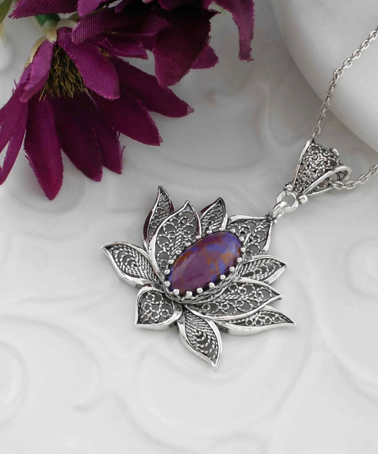 Filigree Art Mojave Turquoise Gemstone Blossoming Lotus Flower Women Silver Pendant Necklace - Drakoi Marketplace