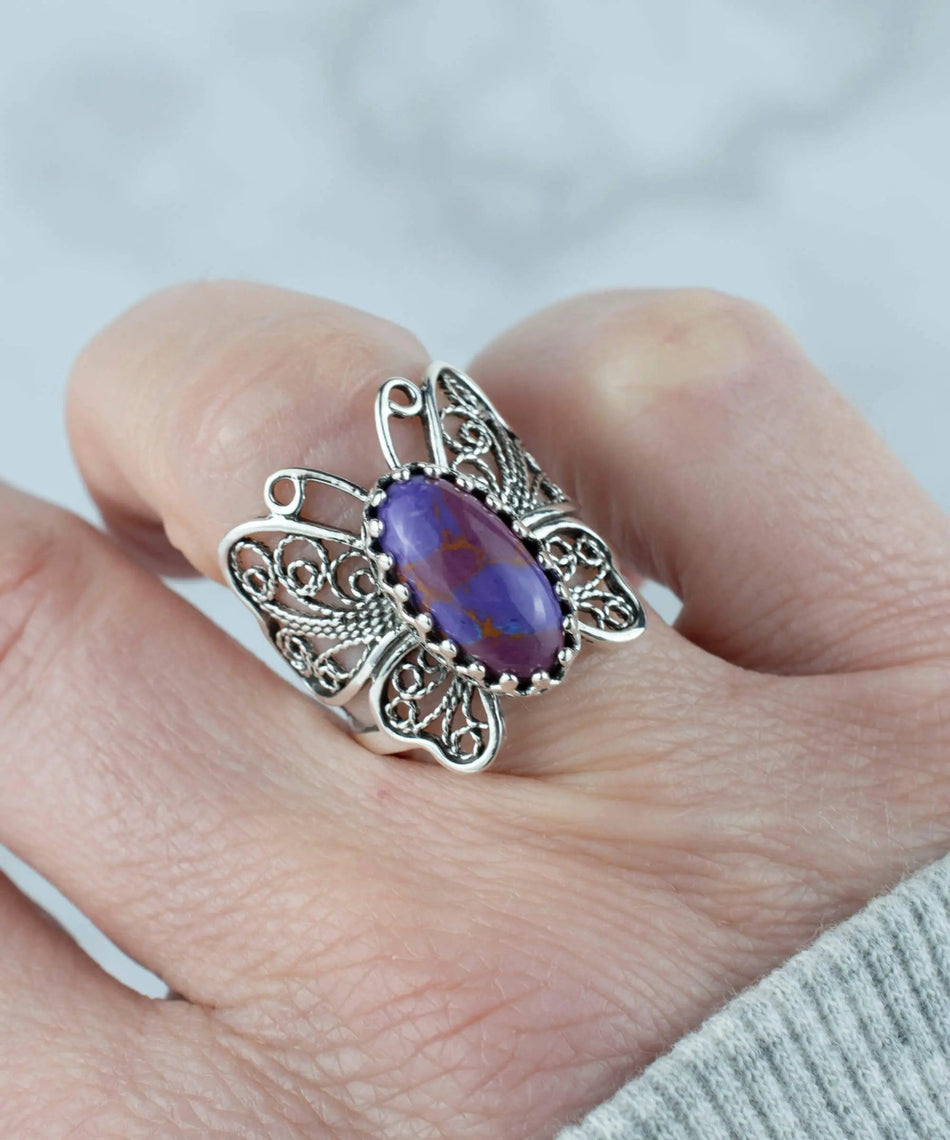 Filigree Art Mojave Turquoise Gemstone Butterfly Design Women Silver Cocktail Ring - Drakoi Marketplace