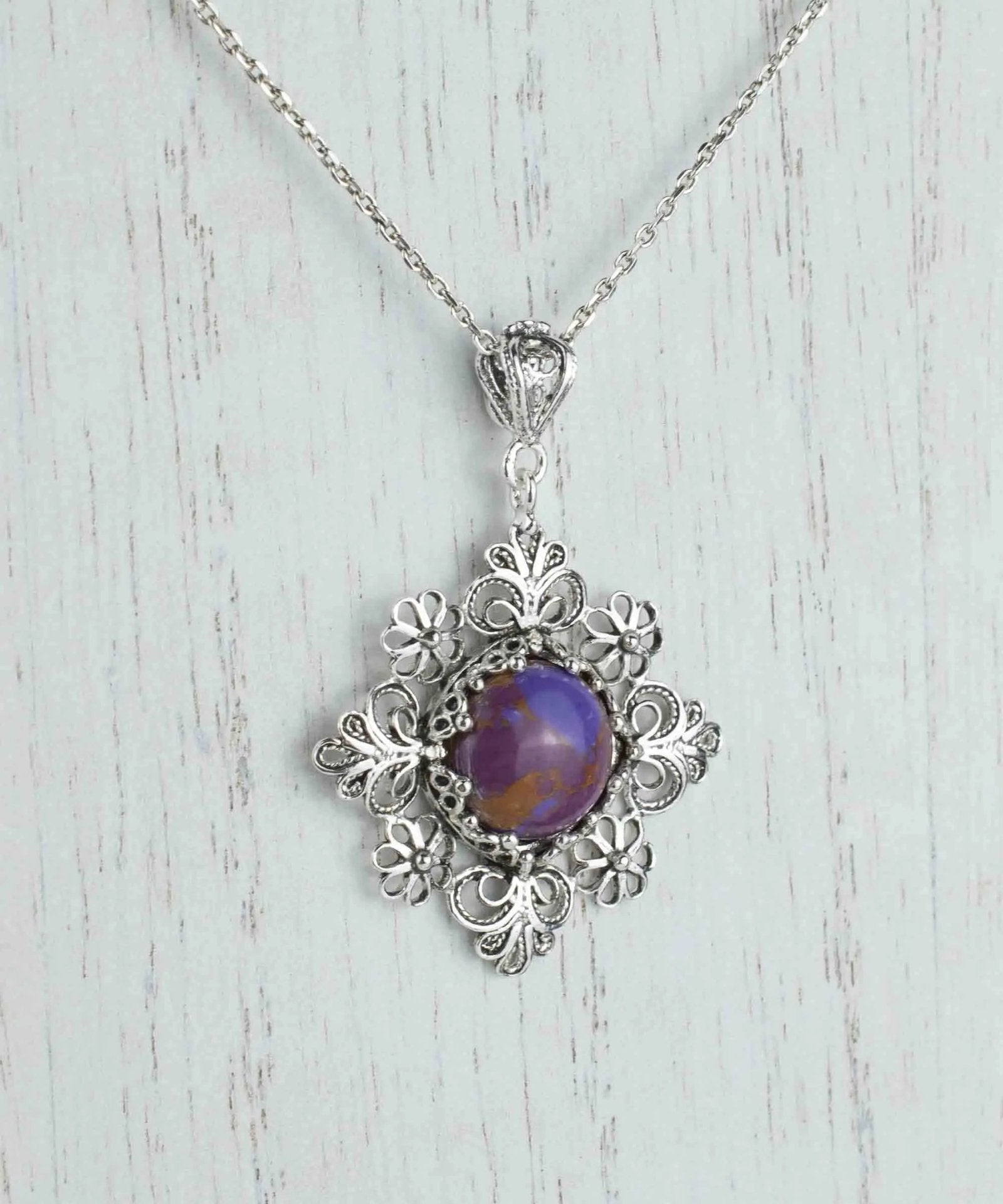 Filigree Art Mojave Turquoise Gemstone Daisy Design Women Silver Pendant Necklace - Drakoi Marketplace