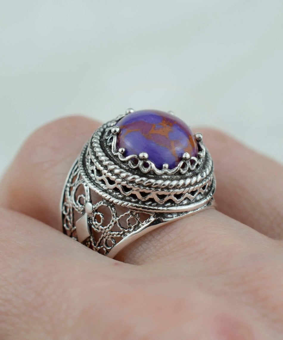 Filigree Art Mojave Turquoise Gemstone Women Silver Bold Ring - Drakoi Marketplace