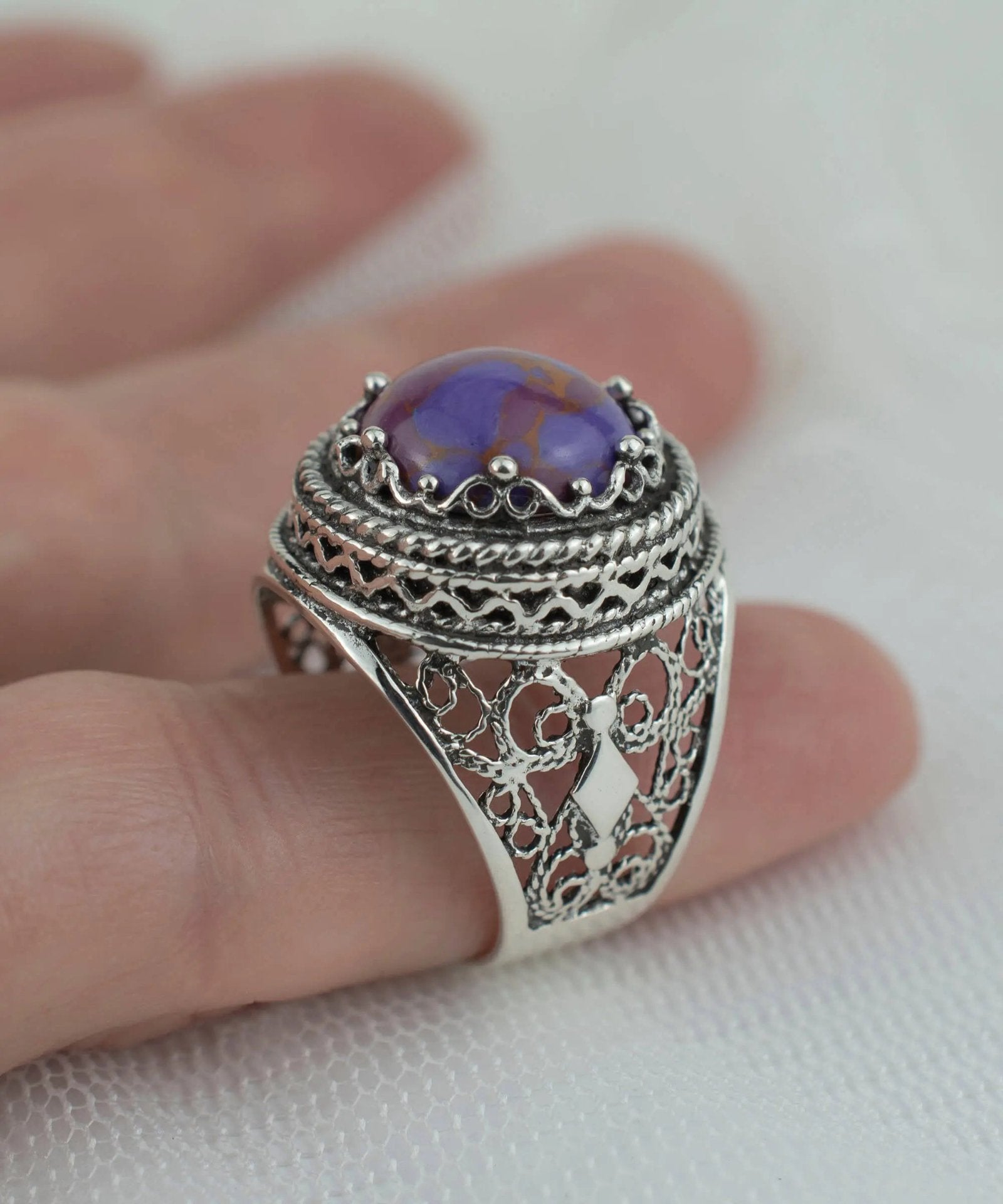 Filigree Art Mojave Turquoise Gemstone Women Silver Bold Ring - Drakoi Marketplace