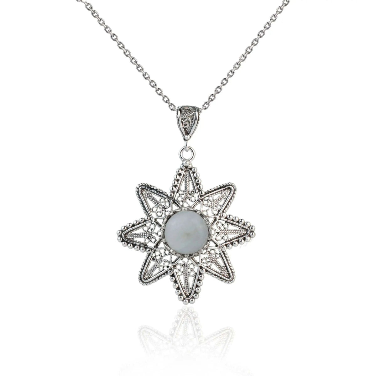 Filigree Art Moonstone Gemstone Sunflower Design Women Silver Pendant Necklace - Drakoi Marketplace