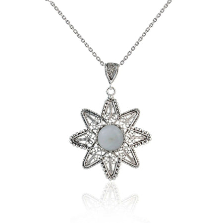 Filigree Art Moonstone Gemstone Sunflower Design Women Silver Pendant Necklace - Drakoi Marketplace