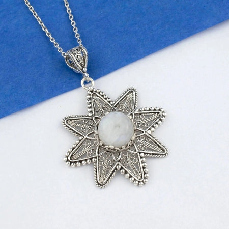 Filigree Art Moonstone Gemstone Sunflower Design Women Silver Pendant Necklace - Drakoi Marketplace