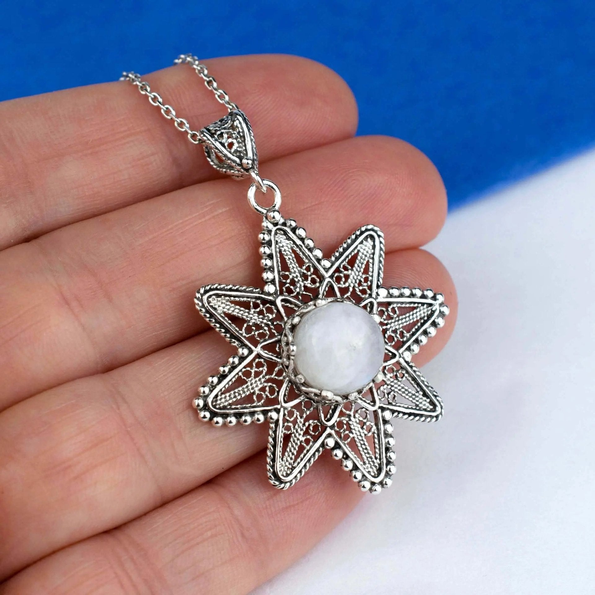 Filigree Art Moonstone Gemstone Sunflower Design Women Silver Pendant Necklace - Drakoi Marketplace