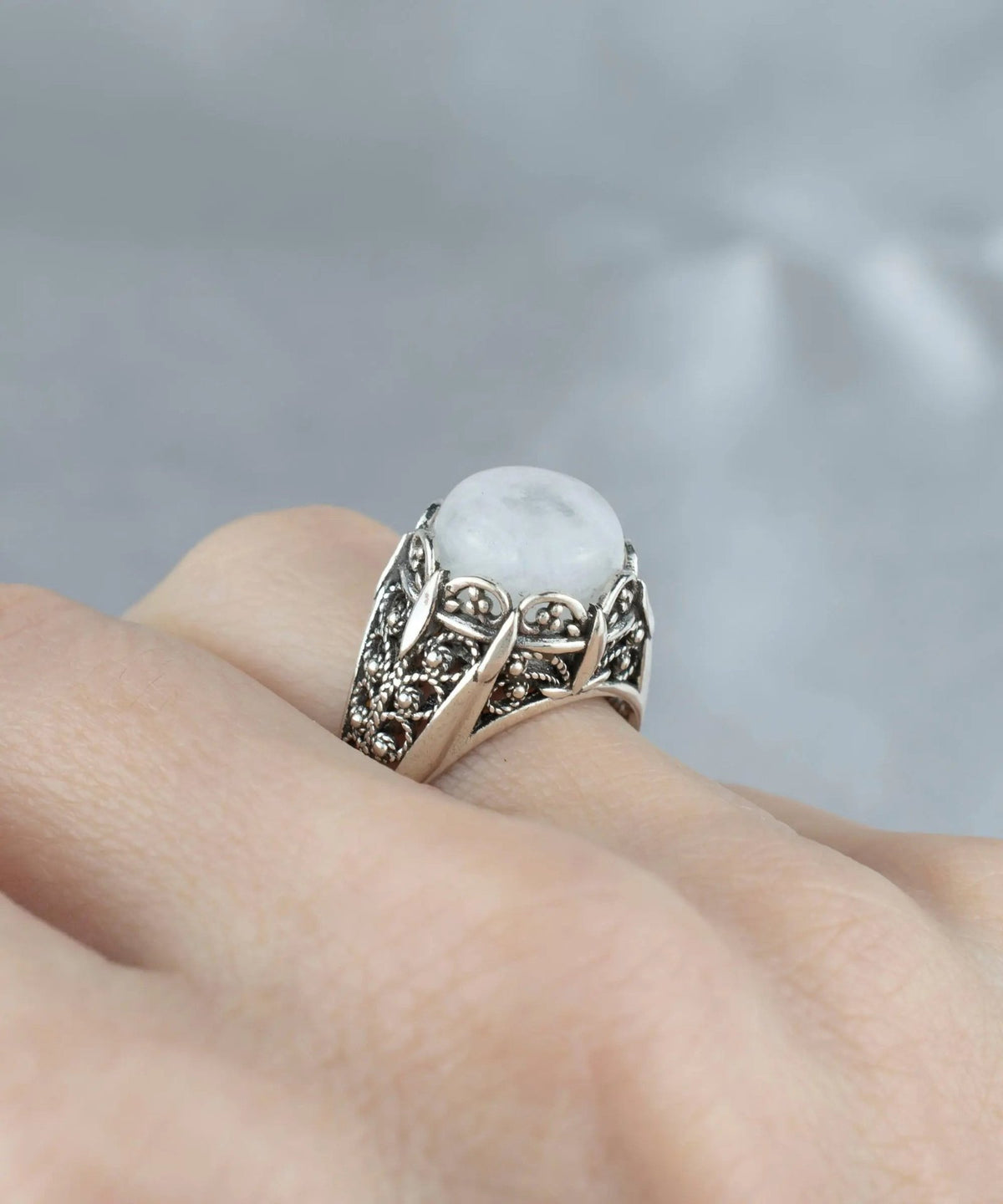 Filigree Art Moonstone Gemstone Women Silver Cocktail Ring - Drakoi Marketplace