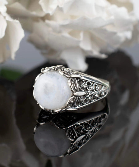 Filigree Art Moonstone Gemstone Women Silver Cocktail Ring - Drakoi Marketplace