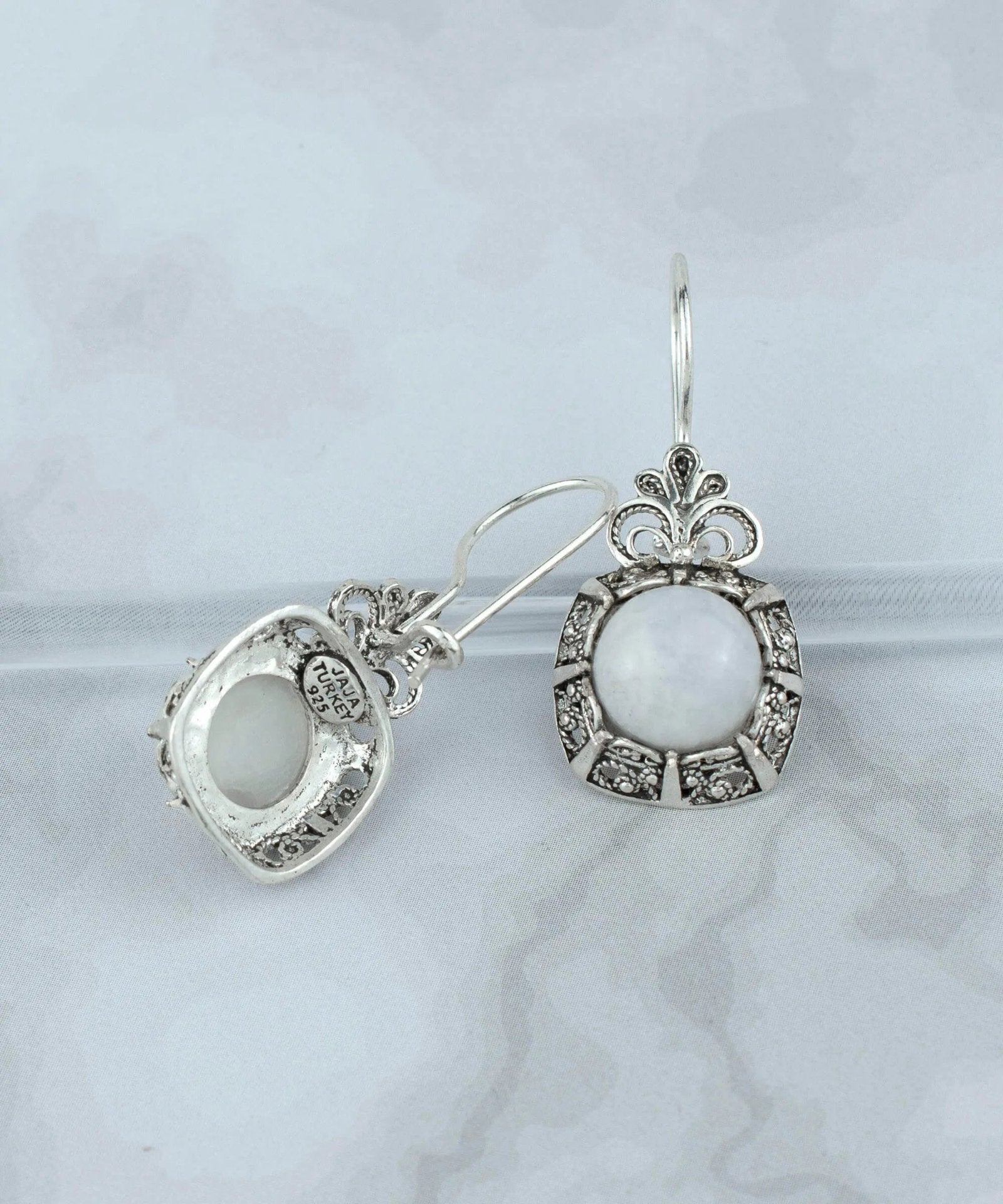 Filigree Art Moonstone Gemstone Women Silver Drop Earrings - Drakoi Marketplace