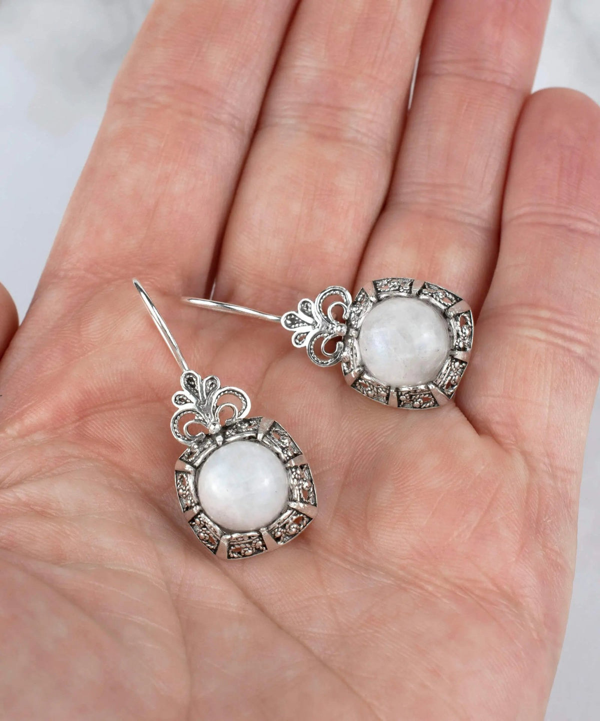 Filigree Art Moonstone Gemstone Women Silver Drop Earrings - Drakoi Marketplace