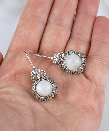 Filigree Art Moonstone Gemstone Women Silver Drop Earrings - Drakoi Marketplace