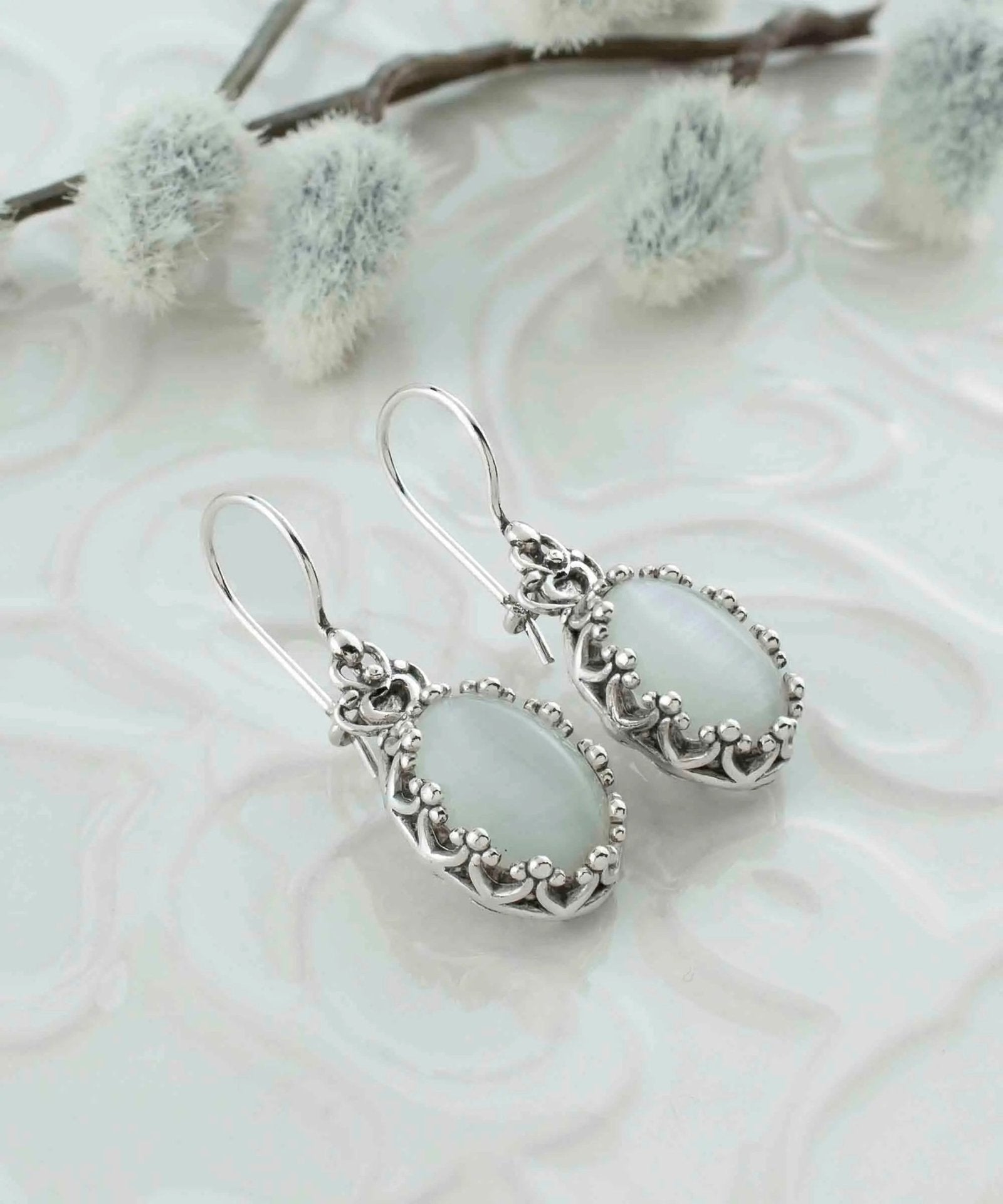 Filigree Art Mother of Pearl Gemstone Crown Figured Women Silver Oval Drop Earrings - Drakoi Marketplace