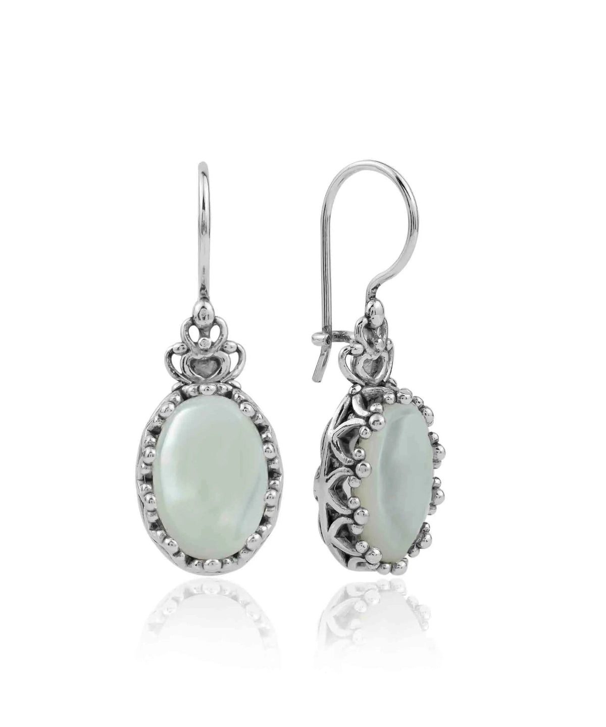 Filigree Art Mother of Pearl Gemstone Crown Figured Women Silver Oval Drop Earrings - Drakoi Marketplace