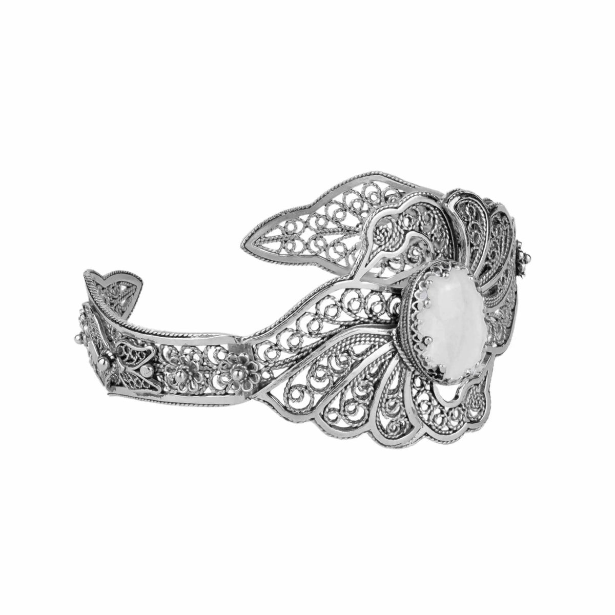 Filigree Art Mother of Pearl Gemstone Double Swan Figured Women Silver Cuff Bracelet - Drakoi Marketplace