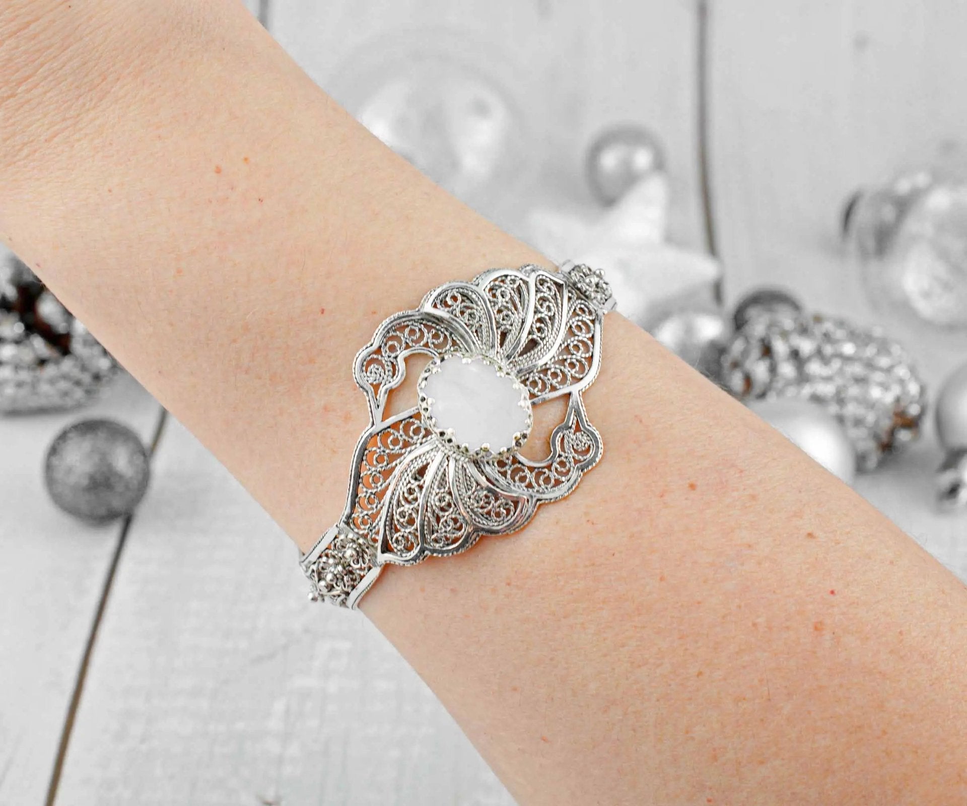 Filigree Art Mother of Pearl Gemstone Double Swan Figured Women Silver Cuff Bracelet - Drakoi Marketplace