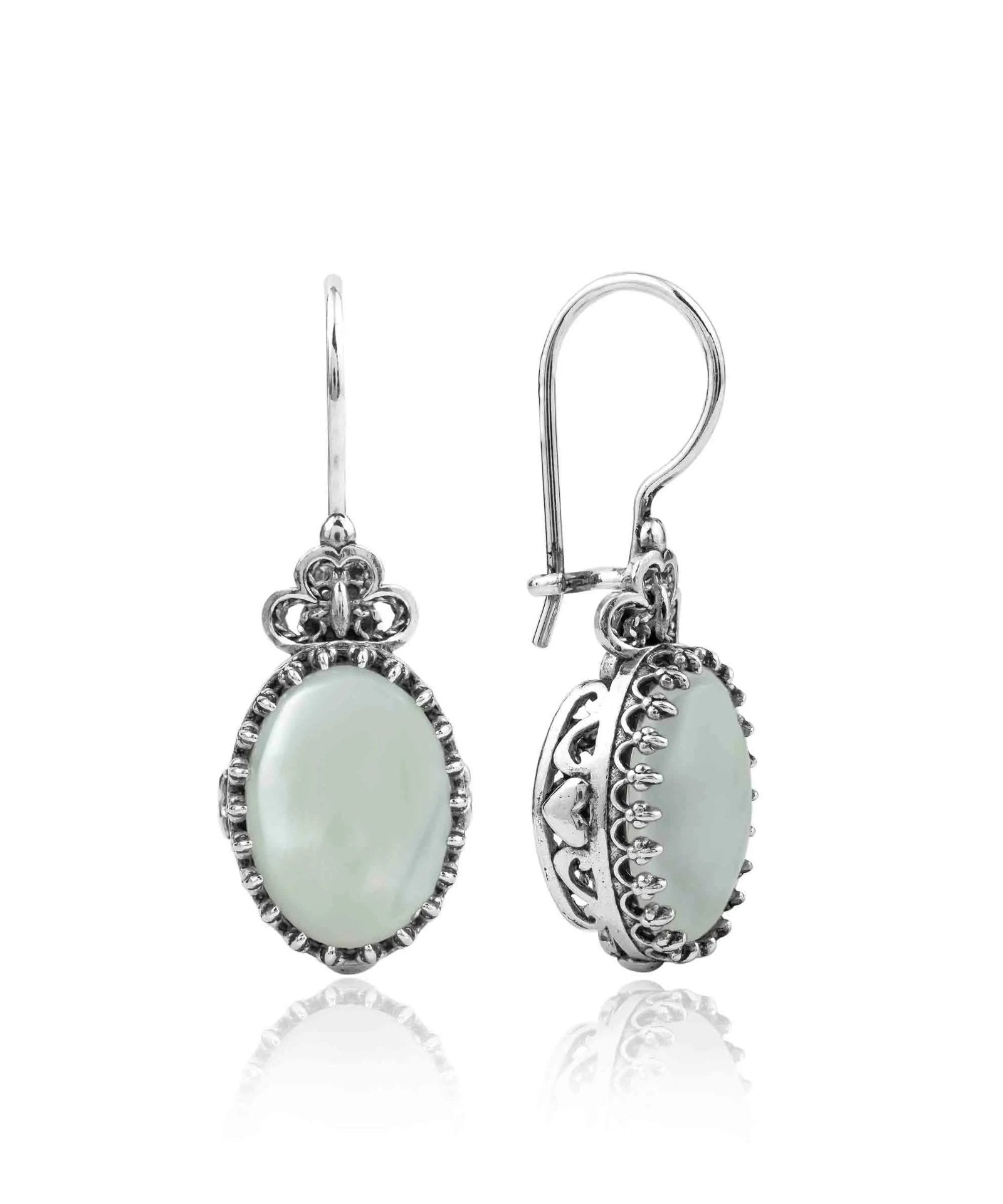 Filigree Art Mother of Pearl Gemstone Heart Detailed Women Silver Oval Drop Earrings - Drakoi Marketplace