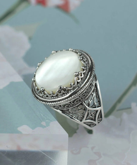 Filigree Art Mother of Pearl Gemstone Women Silver Bold Statement Ring - Drakoi Marketplace