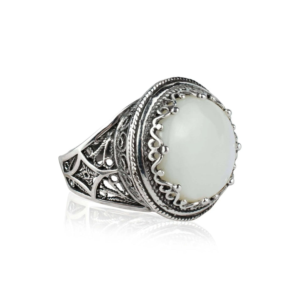 Filigree Art Mother of Pearl Gemstone Women Silver Bold Statement Ring - Drakoi Marketplace