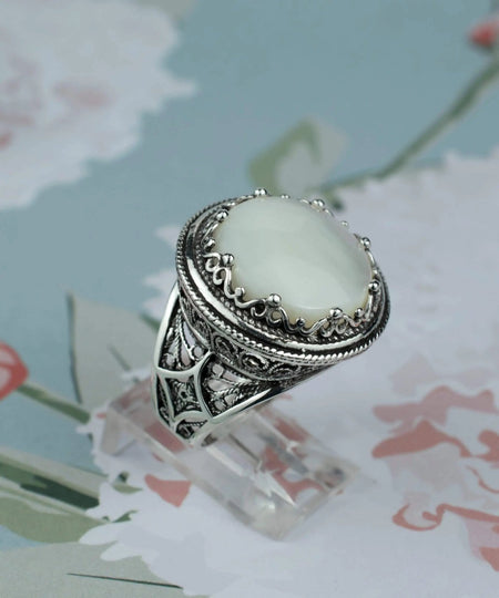 Filigree Art Mother of Pearl Gemstone Women Silver Bold Statement Ring - Drakoi Marketplace