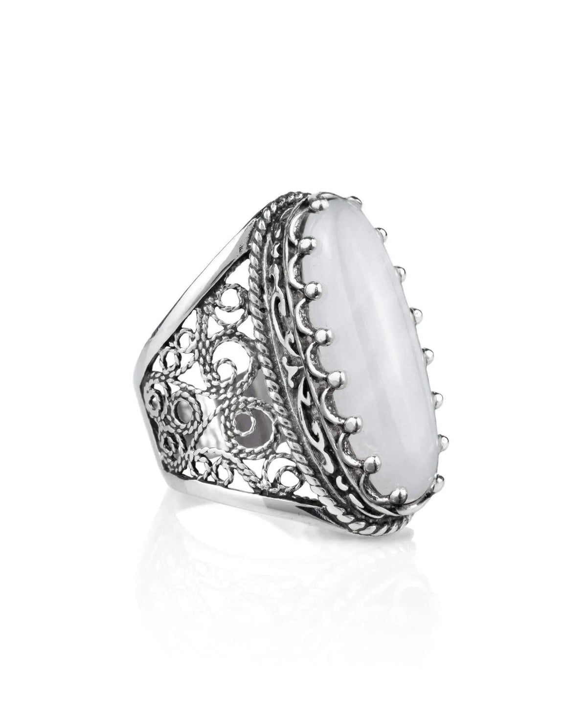 Filigree Art Mother of Pearl Gemstone Women Silver Long Statement Ring - Drakoi Marketplace