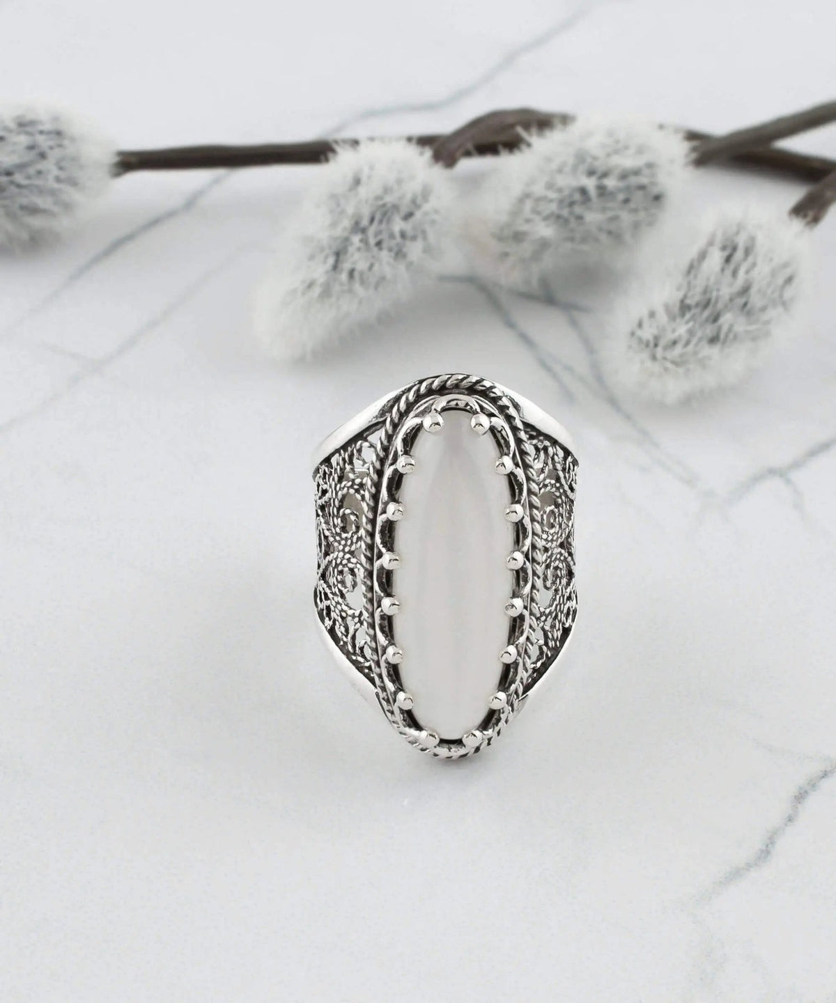 Filigree Art Mother of Pearl Gemstone Women Silver Long Statement Ring - Drakoi Marketplace