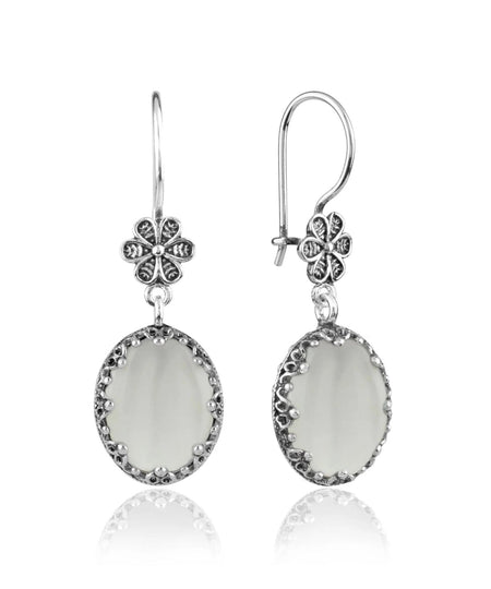 Filigree Art Mother of Pearl Gemstone Women Silver Oval Dangle Earrings - Drakoi Marketplace