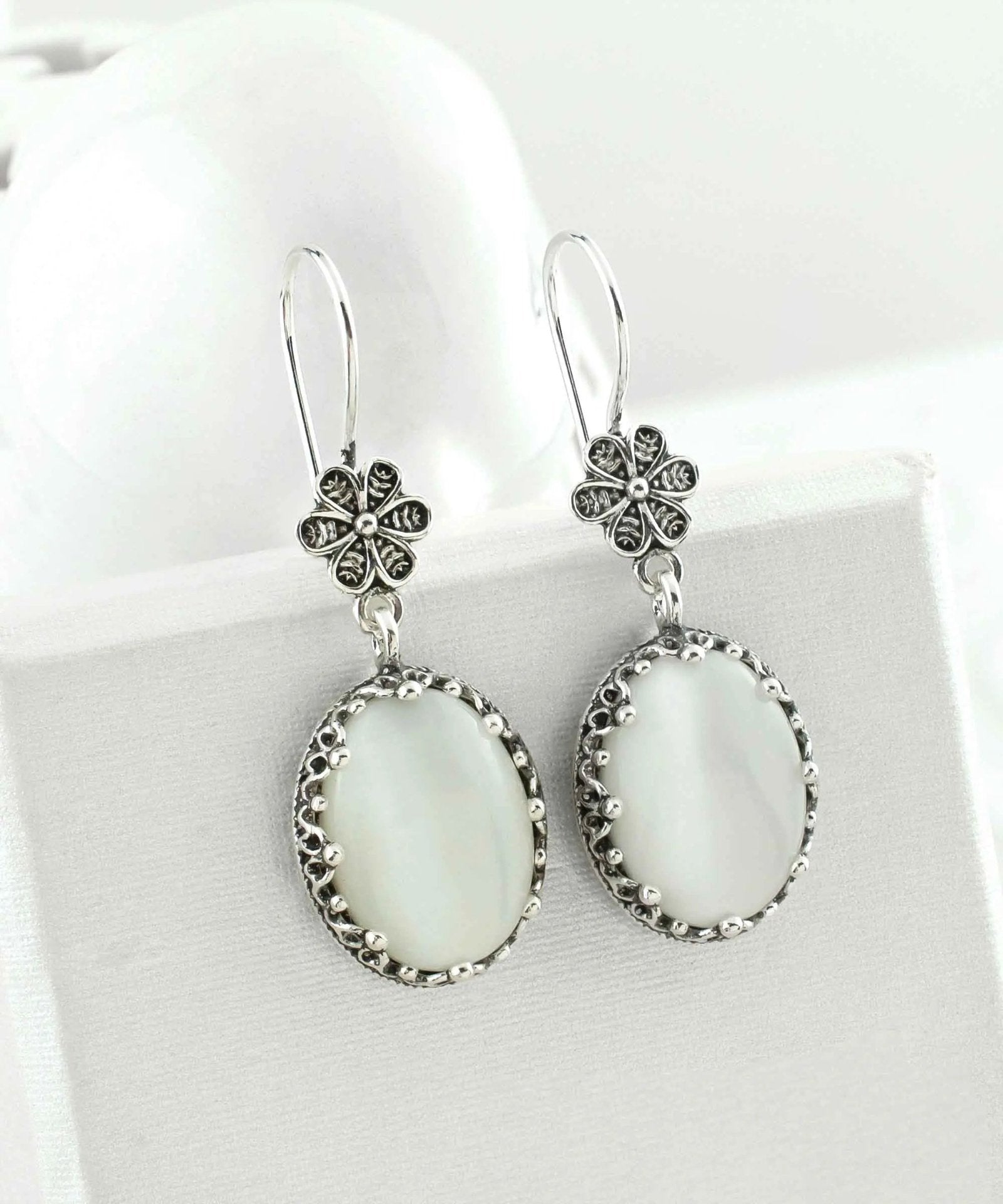 Filigree Art Mother of Pearl Gemstone Women Silver Oval Dangle Earrings - Drakoi Marketplace