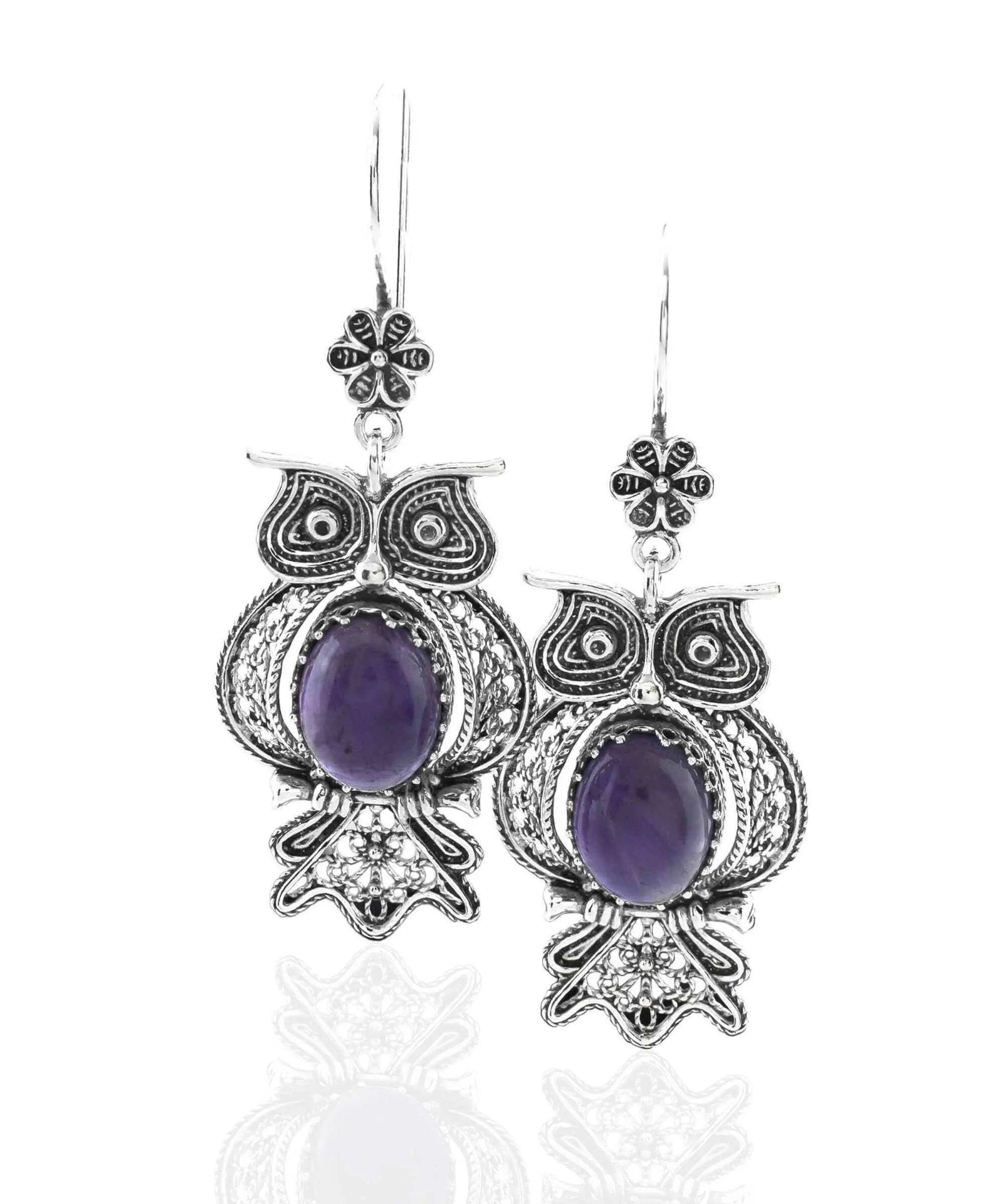 Filigree Art Owl Figured Amethyst Gemstone Women Silver Dangle Earrings - Drakoi Marketplace