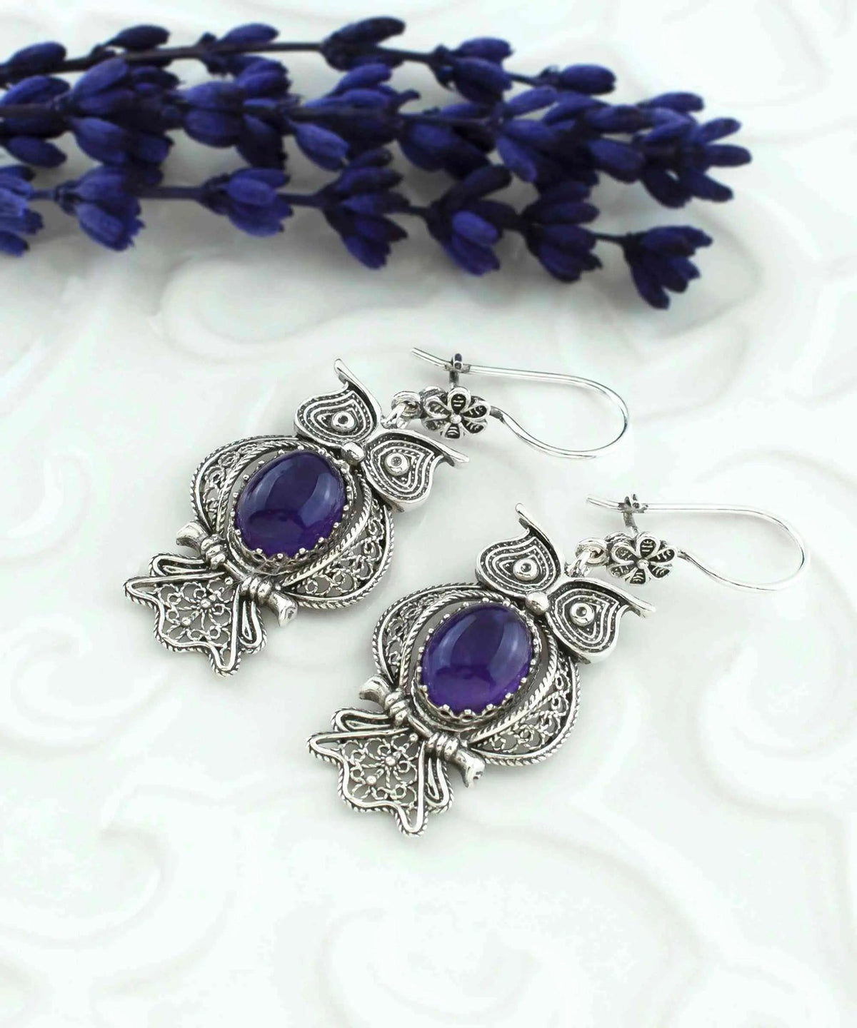 Filigree Art Owl Figured Amethyst Gemstone Women Silver Dangle Earrings - Drakoi Marketplace