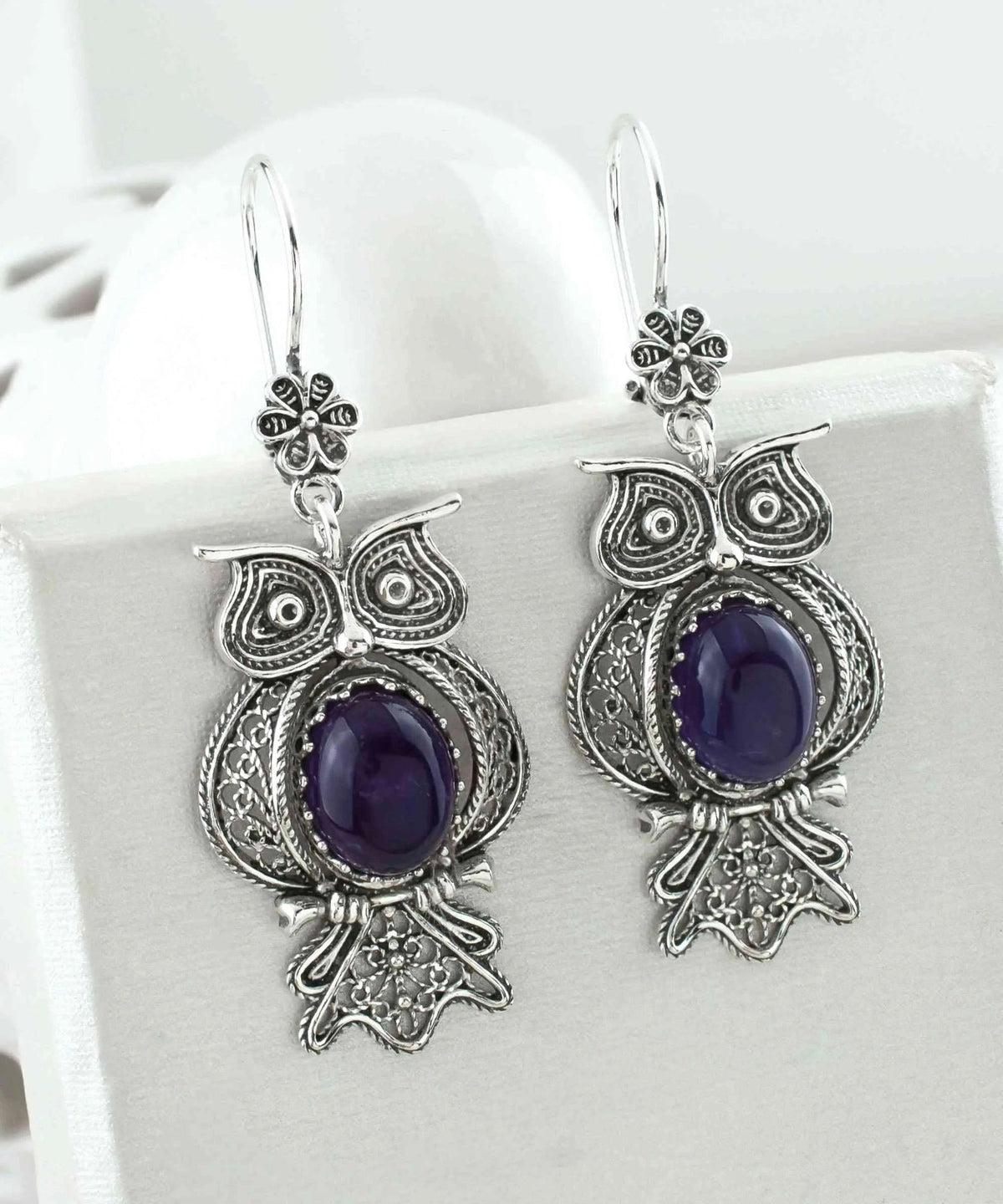 Filigree Art Owl Figured Amethyst Gemstone Women Silver Dangle Earrings - Drakoi Marketplace