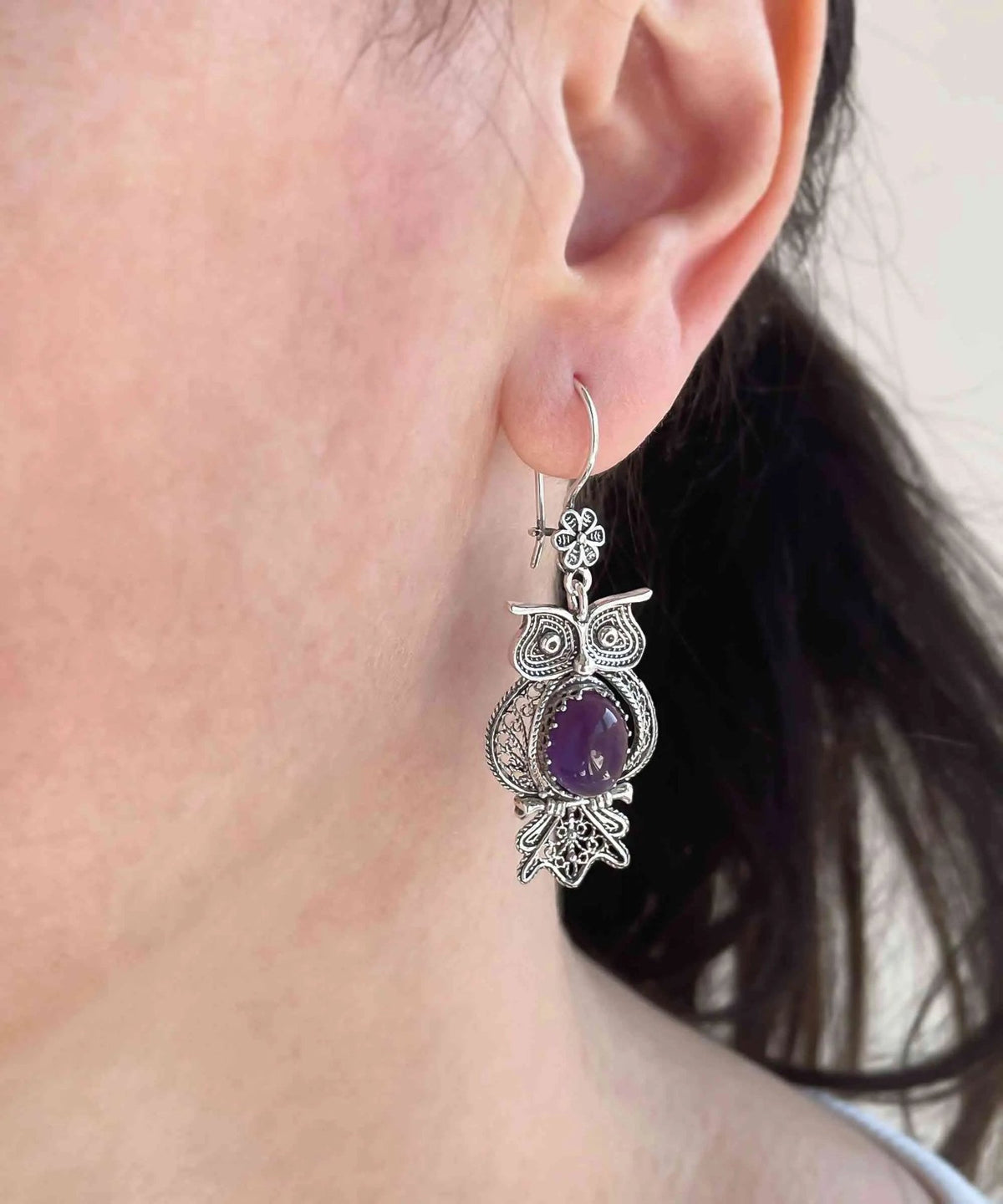 Filigree Art Owl Figured Amethyst Gemstone Women Silver Dangle Earrings - Drakoi Marketplace