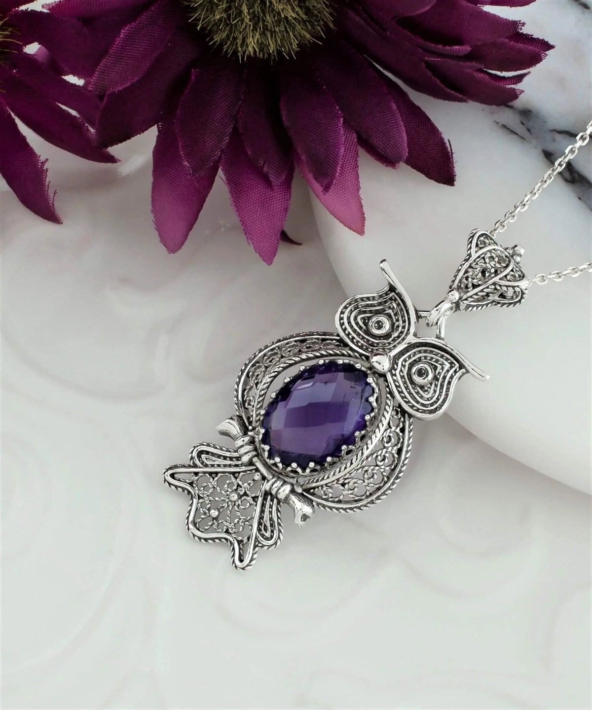 Filigree Art Owl Figured Amethyst Gemstone Women Silver Pendant Necklace - Drakoi Marketplace