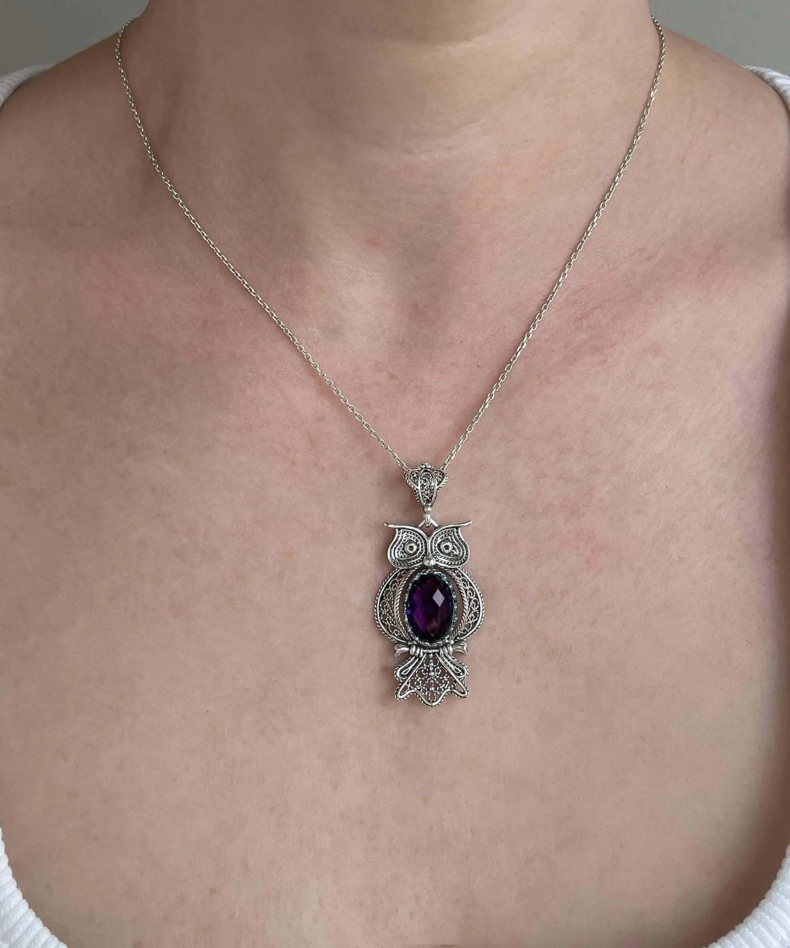 Filigree Art Owl Figured Amethyst Gemstone Women Silver Pendant Necklace - Drakoi Marketplace