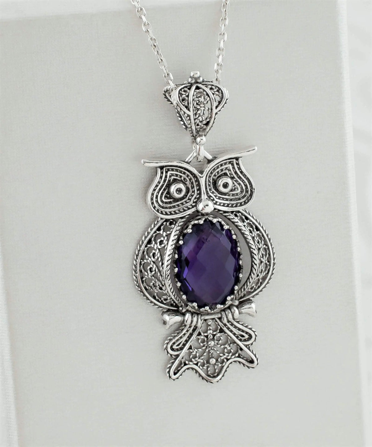 Filigree Art Owl Figured Amethyst Gemstone Women Silver Pendant Necklace - Drakoi Marketplace