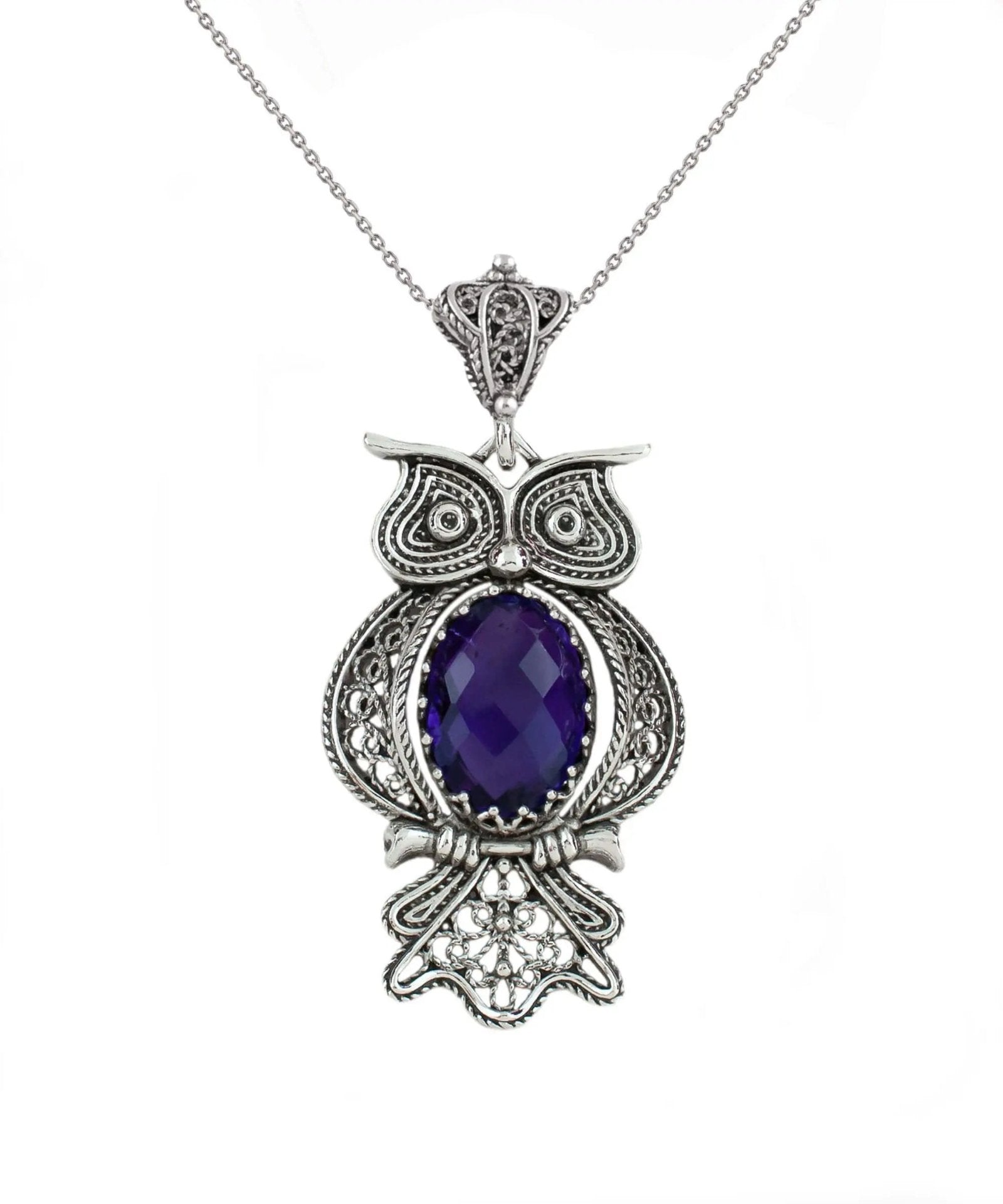 Filigree Art Owl Figured Amethyst Gemstone Women Silver Pendant Necklace - Drakoi Marketplace