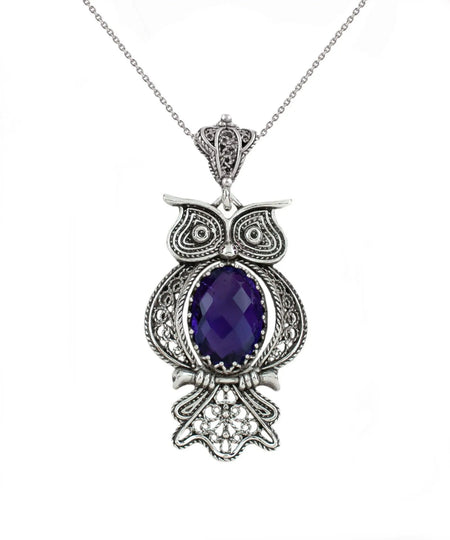 Filigree Art Owl Figured Amethyst Gemstone Women Silver Pendant Necklace - Drakoi Marketplace