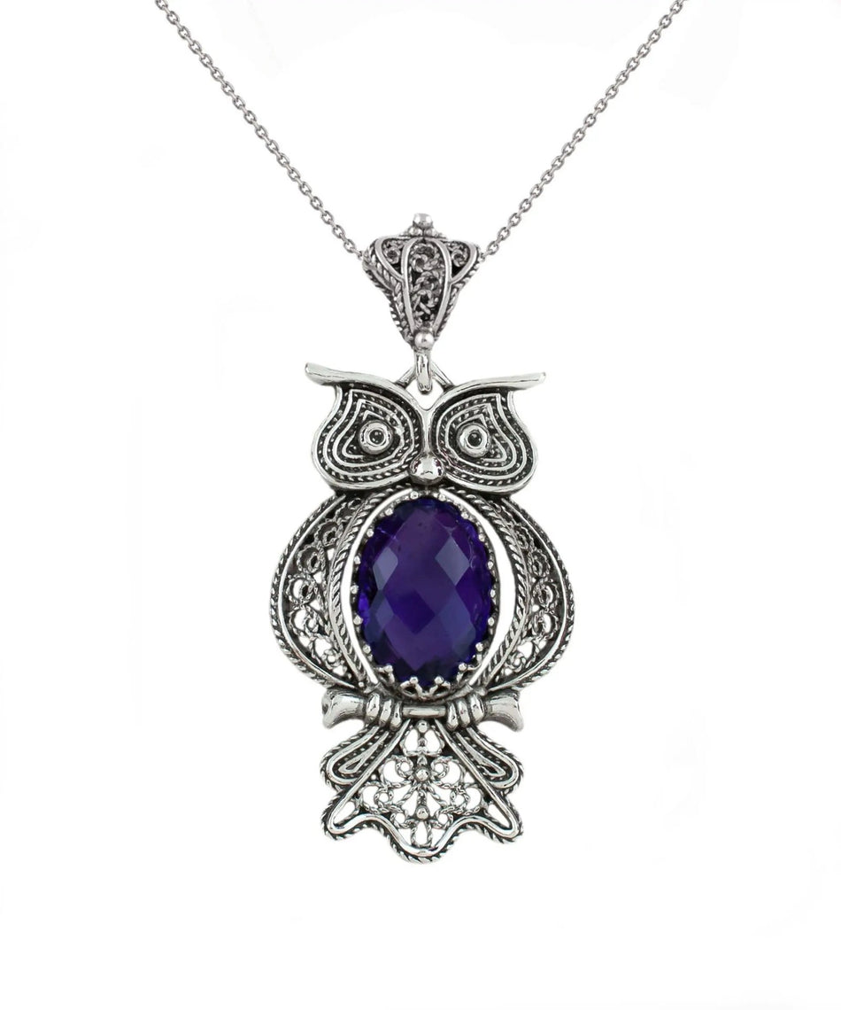 Filigree Art Owl Figured Amethyst Gemstone Women Silver Pendant Necklace - Drakoi Marketplace