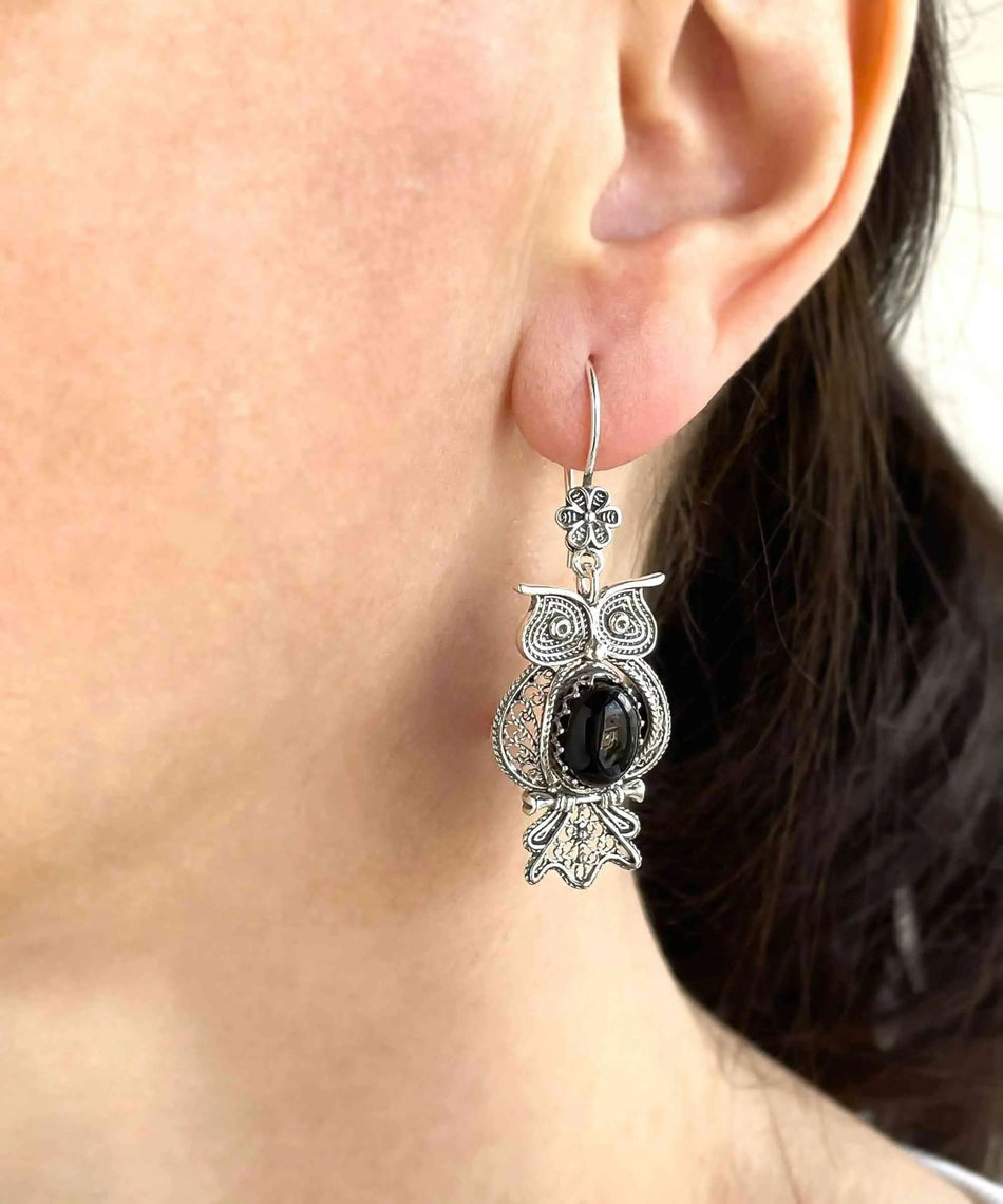 Filigree Art Owl Figured Black Onyx Gemstone Women Silver Dangle Earrings - Drakoi Marketplace