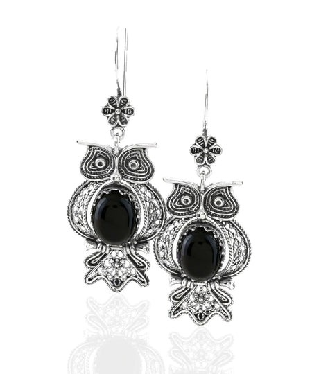 Filigree Art Owl Figured Black Onyx Gemstone Women Silver Dangle Earrings - Drakoi Marketplace